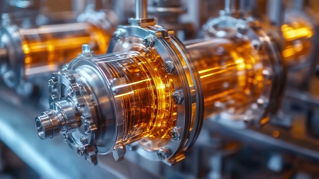 Intricate industrial machinery is displayed with metallic components and glass tubes, illuminated by light.